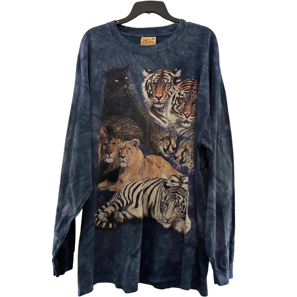 The Mountain Big Cat Collage Shirt Mens XXL Blue Tie Dye Long Sleeve Graphic